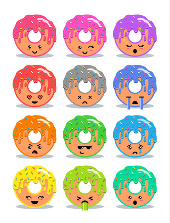 Sweet donut with glaze set of emoji facial expressions and activities. Donut emoticon. Funny food stickers, vector cartoon illustration.のイラスト素材