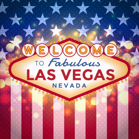 Vector Las Vegas Sign on American flag background with sparkling bokeh.のイラスト素材