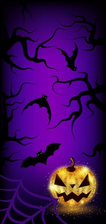 Halloween banner in euro format. Shiny gold pumpkin on dark-purple background.のイラスト素材