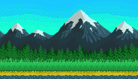 Pixel art mountains, grass and clouds seamless background for game lanscape or application.のイラスト素材