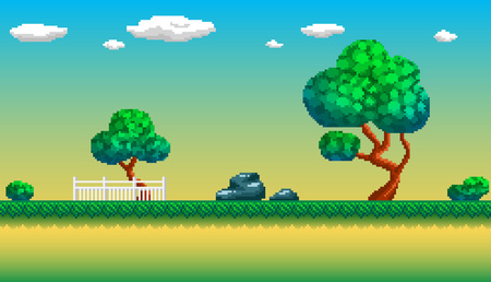 Pixel art seamless background. Location with trees at sunny day. Landscape for game or application.のイラスト素材