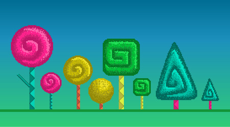 Set of pixel art stylized trees different forms and colors.のイラスト素材