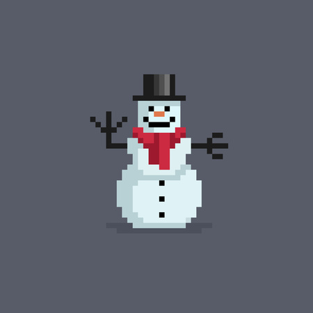 Pixel art cute snowman in hat, vector illustration.のイラスト素材