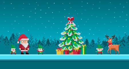 Pixel art scene with Santa Claus and gnomes around Christmas tree.のイラスト素材