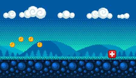 Pixel art seamless background. Landscape for game or application.のイラスト素材