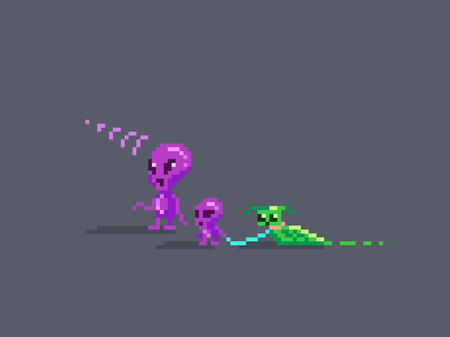 Aliens family pixel art style. Adult, child and their pet. vector illustrationのイラスト素材
