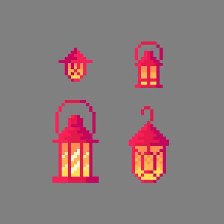 Pixel art vintage lantern set for your projects.のイラスト素材