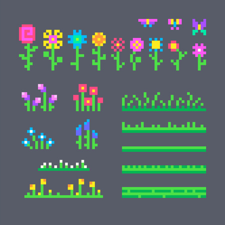 Pixel set of different flowers and grass for your design.のイラスト素材