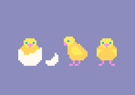 Pixel art cute cartoon chicken set. Funny yellow chickens in different poses, vector illustration.のイラスト素材