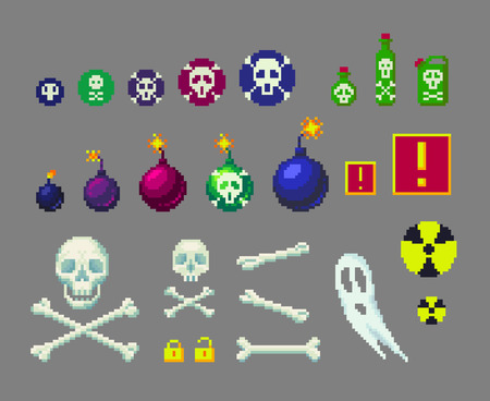 Pixel art danger icons set for game design. Bombs and skulls of different sizes and other.のイラスト素材