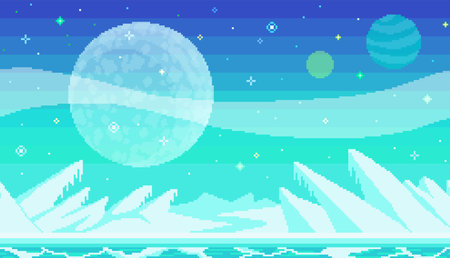 Pixel art game location. Cosmic area, someone frozen planet surface. Seamless vector backgroundのイラスト素材