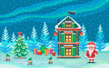 Pixel art scene with santa claus and gnomes who ready gifts. Cute christmas illustration.のイラスト素材