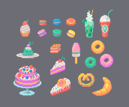 Set of pixel art desserts. Macarons, cakes, cocktails donuts and other isolated icons on gray background.のイラスト素材