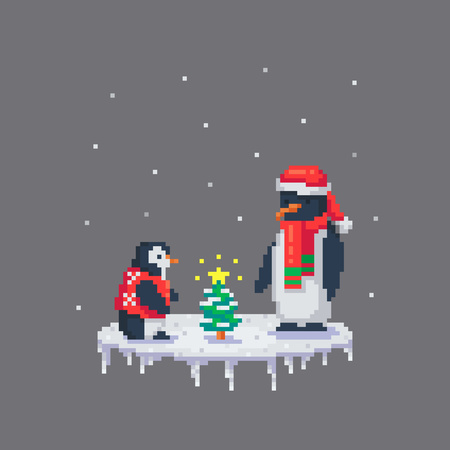 Penguin Dad and his baby dressed up a little Christmas tree. Cute greeting illustration on holidays.のイラスト素材