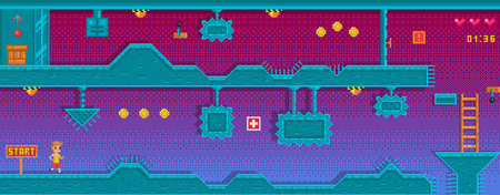 Pixel art platformer with different obstruction. Location with underground station. Background for...