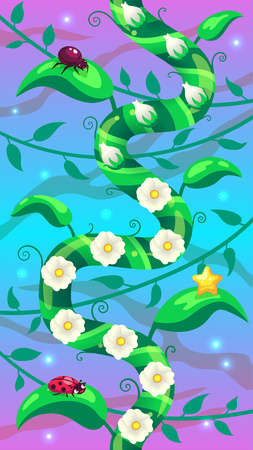 Level background vertical scrolling user interface with liana and blooming flowers and insects on the leaves. Vector image for mobile game.のイラスト素材