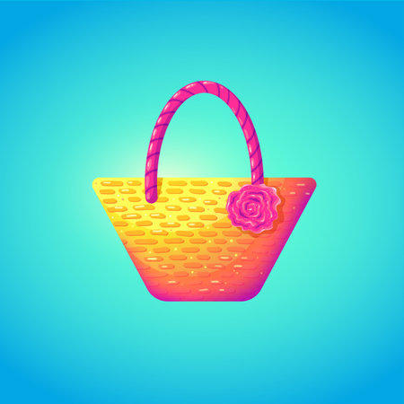 Cute beach bag in cartoon style. Straw handbag with pink decoration. Symbol of summer vocations Vector illustration.のイラスト素材
