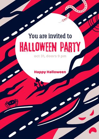 Scary Halloween flyer with the invitation text to halloween party. Mystic forest with tree branches silhouettes. Vector Halloween holiday greeting card.のイラスト素材