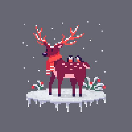 Pixel art Christmas deer and bullfinches on him. Cute greeting illustration on holidays.のイラスト素材