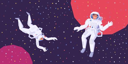 Astronauts man and woman fly in zero gravity in outer space. The research of the galaxy, space and unknown planets. Human spaceflight. Modern vector illustration.のイラスト素材