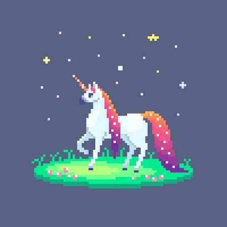 Pixel art fairy unicorn with starry mane stands on green meadow. Cute vector illustration.のイラスト素材