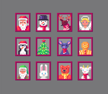 Pixel art animals avatars on Christmas. Cute heads and faces of different Christmas personages....