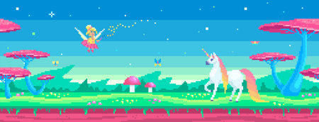 Pixel art scene with a magical unicorn and fairy. Horizontal tile seamless background. Cute vector...