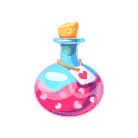 Chemistry glass bottle filled with a pink liquid potion in cartoon style. Love potion. Cute vector illustration on isolated background.のイラスト素材