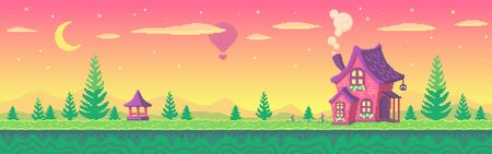 Pixel art cute village at sunset. Pixel art game location. Seamless vector background.のイラスト素材