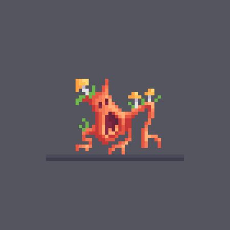 Pixel art angry old stump. Dangerous forest character. Cute vector illustration.のイラスト素材