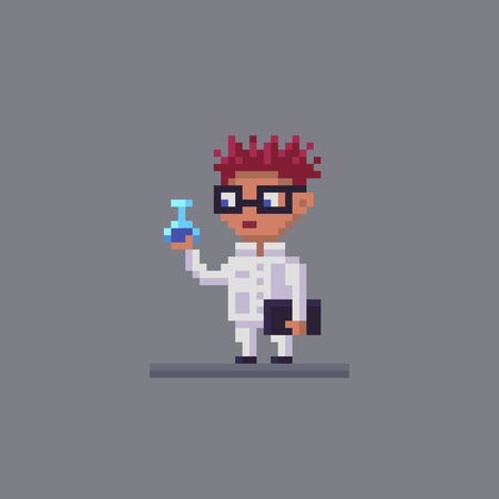 Pixel art scientist conducts a scientific experiment. Professor in white coat character. Cute vector illustration.のイラスト素材