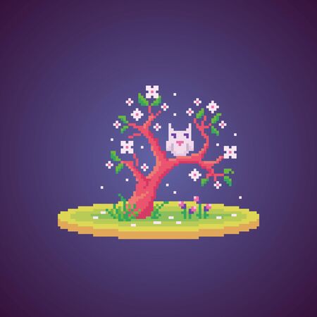 Pixel art white owl on the blossom tree. Cute vector illustration.のイラスト素材