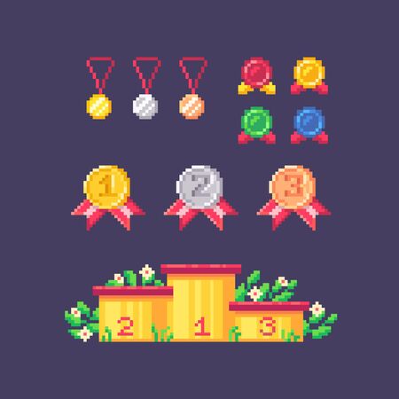 Pixel art winner set. Medals different forms and sizes and winners podium. Vector illustration.のイラスト素材