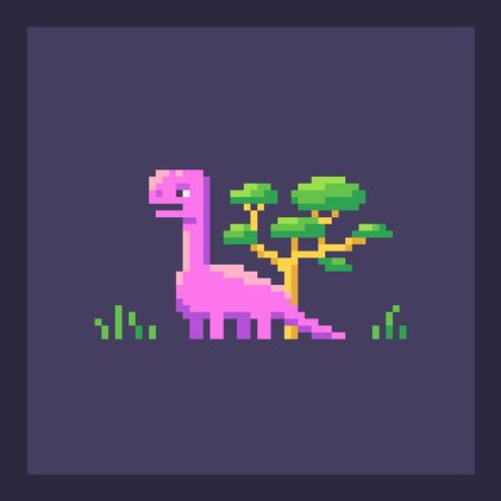 Pixel art dinosaur in nature. Cute pixelated dino icon. Vector illustration.のイラスト素材