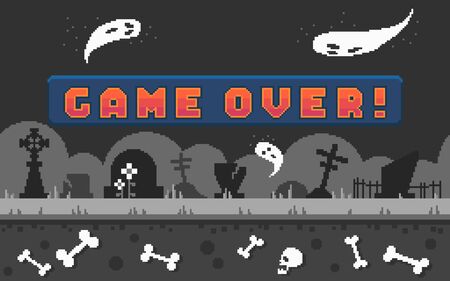 Pixel arcade banner with button game over for game design. Pixel art arcade screen with cemetery landscape background. Vector illustration.のイラスト素材