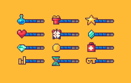 Pixel art game interface elements for mana, energy, stamina, time, bonus. GUI icons with indicators. Vector illustration.のイラスト素材