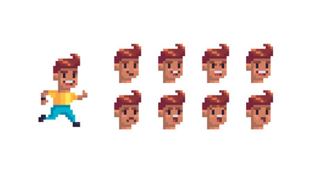 Pixel art character with different emotions. Vector illustration.