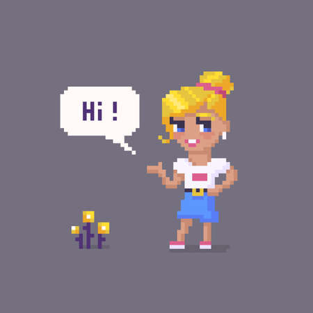 Pixel art girl character. Young woman personage. Cute vector illustration.のイラスト素材
