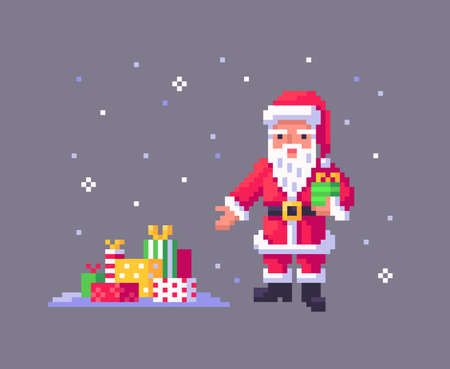 Pixel art Santa Claus gives many gifts. Cute greeting illustration for the holidays. Vector illustration.のイラスト素材