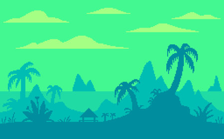 Pixel art game location. Palm trees on a tropical island. 8 bit retro style background. Seamless vector background.のイラスト素材