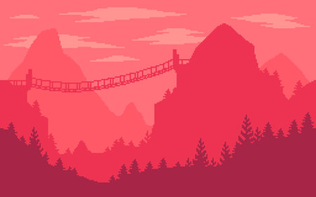Pixel art game location. Extreme dangerous mountains with a bridge. 8 bit retro style background. Seamless vector background.のイラスト素材