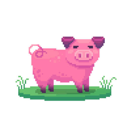 Pixel art pig. Farm animal for game design. Cute vector illustration.のイラスト素材
