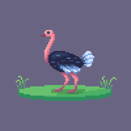 Pixel art ostrich. Farm animal for game design. Cute vector illustration.のイラスト素材