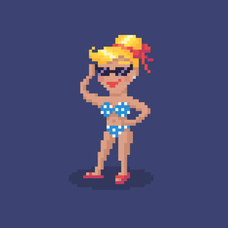 Pixel art girl character. Young woman in a swimsuit on vacation. Cute vector illustration.のイラスト素材