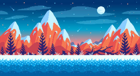Snowy mountains, fir trees and a starry sky. Pixel art game location. 8 bit retro style backdrop. Seamless vector background.のイラスト素材