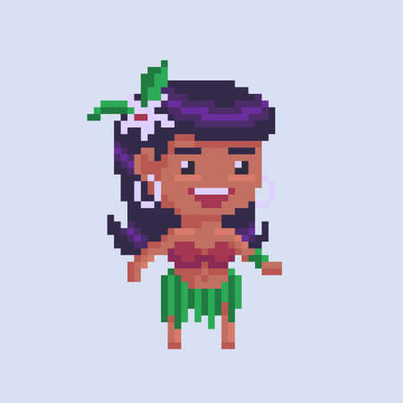 Pixel art girl character. Young Hawaiian woman in beachwear. Vector illustration.のイラスト素材