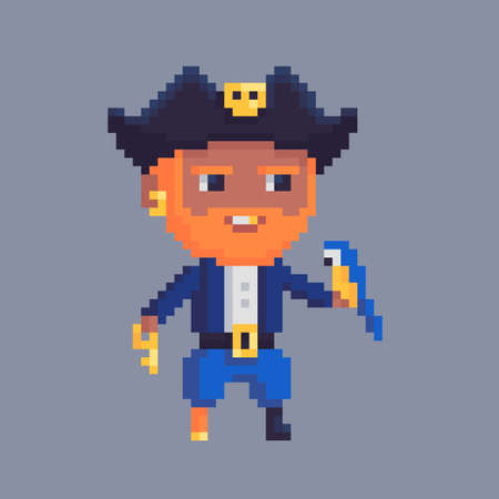 Pixel art character. Red-haired pirate in a hat with a parrot and a key. Vector illustration.のイラスト素材
