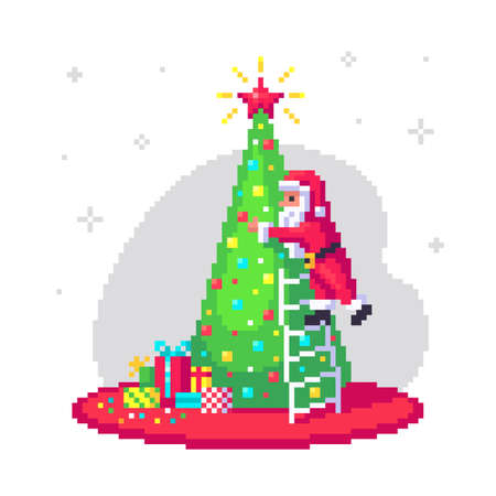 Santa Claus is decorating the Christmas tree. Cute greeting card for the holidays in pixel art. Vector illustration.のイラスト素材