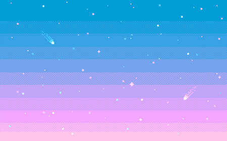 Pixel art star sky at sunset time. Starry evening sky seamless backdrop. Vector illustration.の販売画像