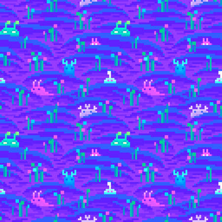 Pixel art aliens. Alien planet surface texture seamless tile backdrop. Environment background for computer game. 8 bit retro style vector illustrationのイラスト素材